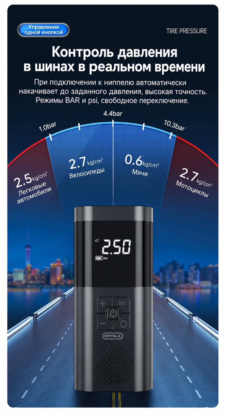 Портативный автокомпрессор, беспроводной, с цифровым дисплеем