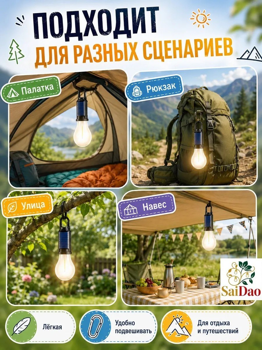 Светодиодный фонарь на солнечной батарее с карабином, 1,2 Вт — фото 4