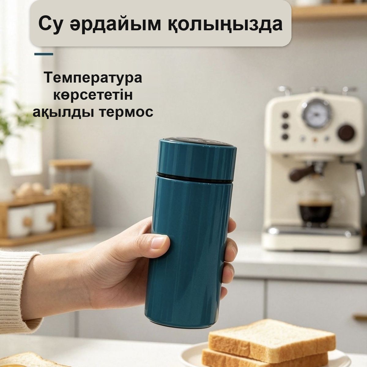 Керамикалық қабаты және температура дисплейі бар термокружка — фото 3