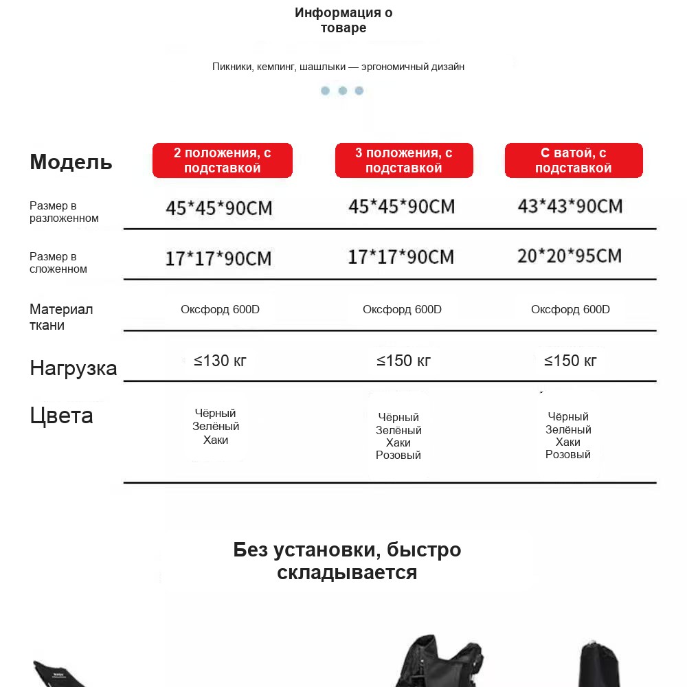 Складное кресло без подлокотников, мягкое, туристическое