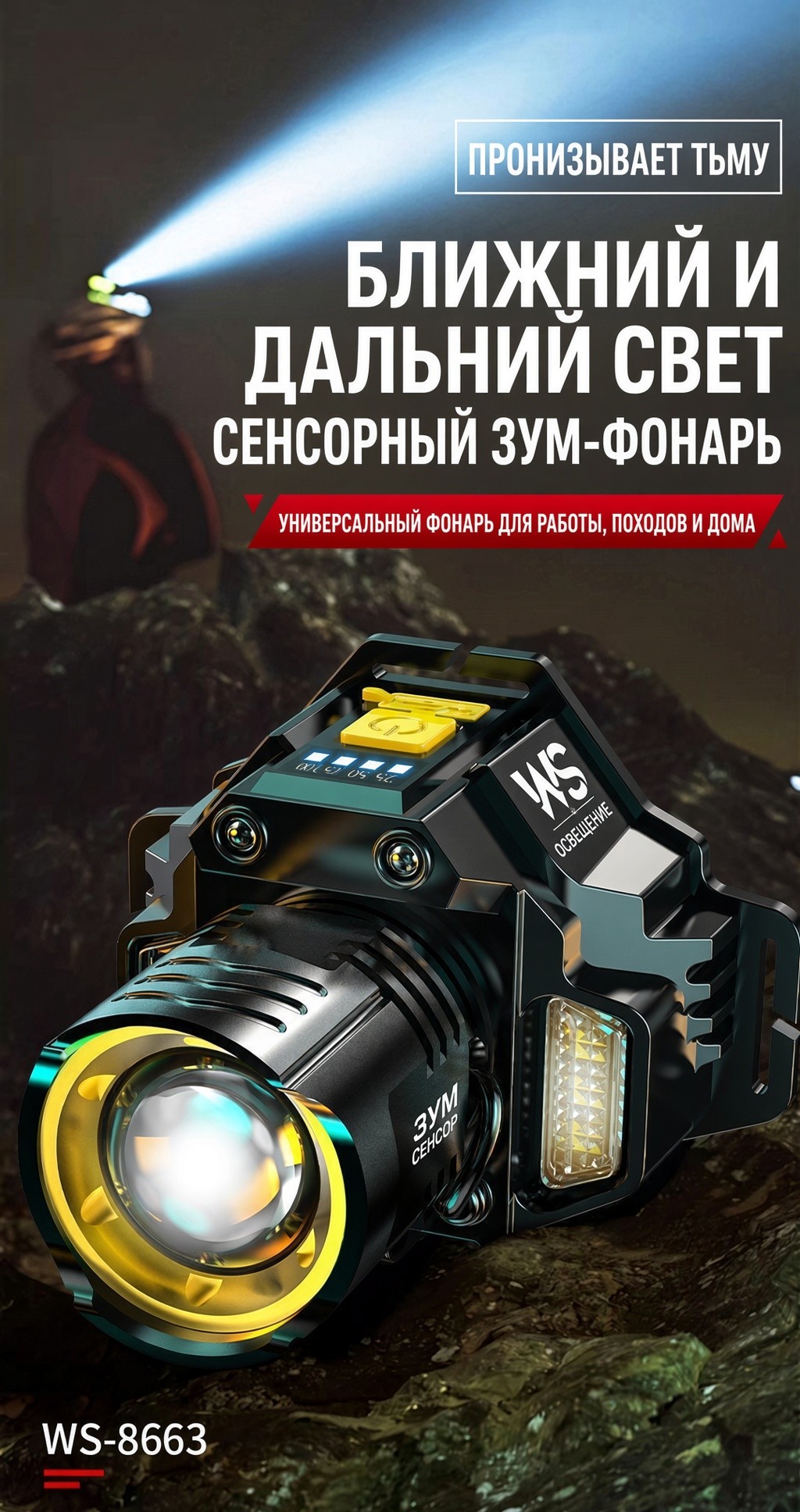 Мощный налобный фонарь, перезаряжаемый, Type-C