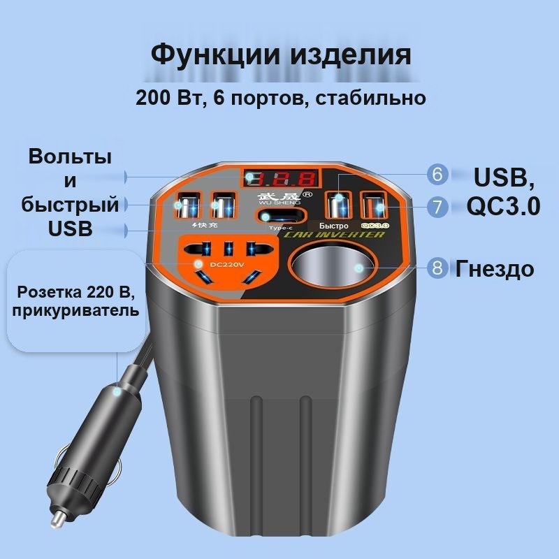 Автомобильный инвертор 12/24 В – 220 В с USB, 200 Вт — фото 8