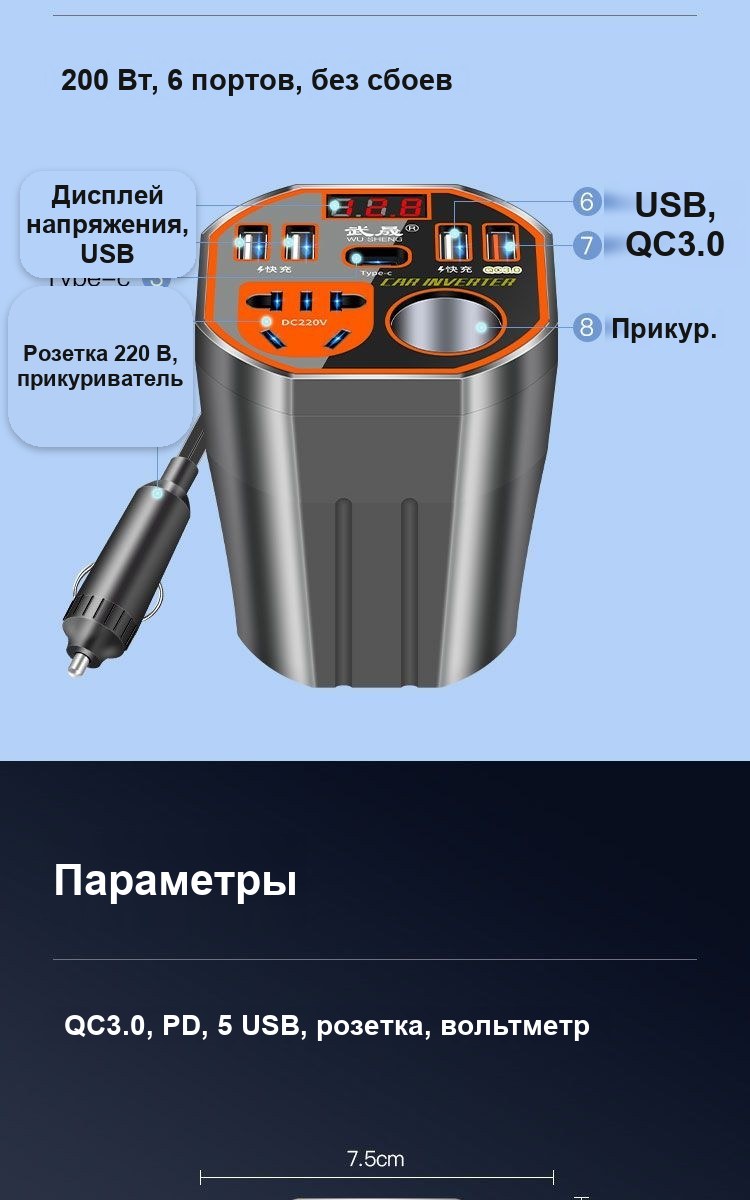 Автомобильный инвертор 12/24 В – 220 В с USB, 200 Вт
