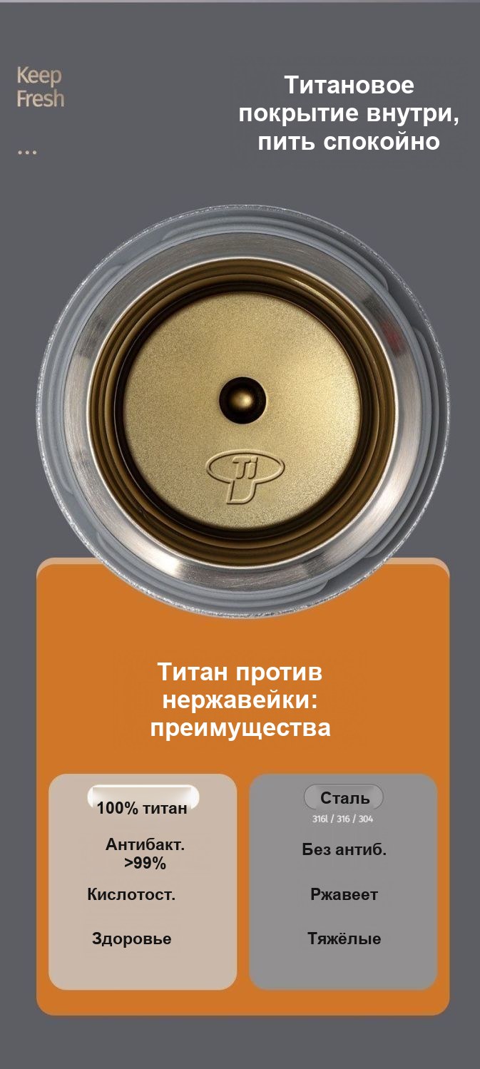 Термос из титана 500 мл, фактурный, серебристый, с чашкой