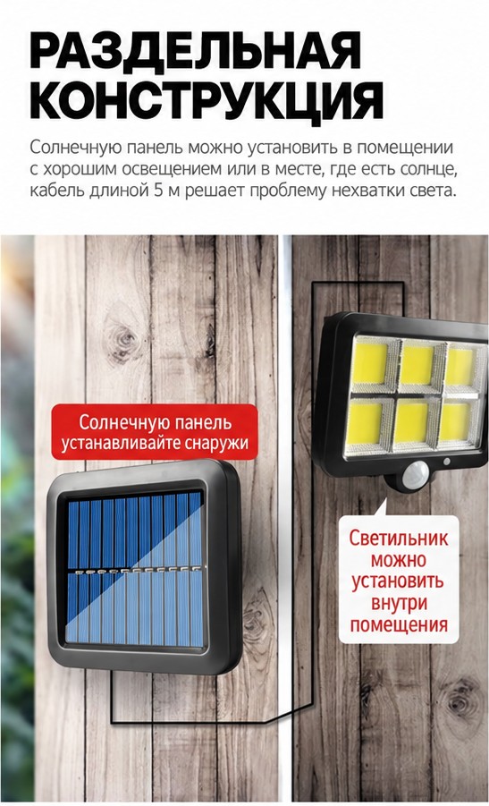 Светодиодный прожектор на солнечной батарее с выносной панелью