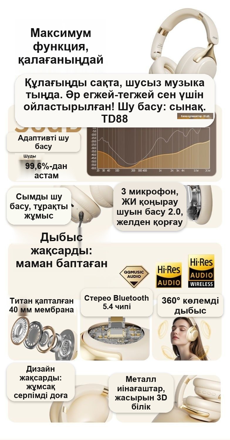 Bluetooth 5.4 сымсыз құлаққап, шуды басатын, жиналмалы
