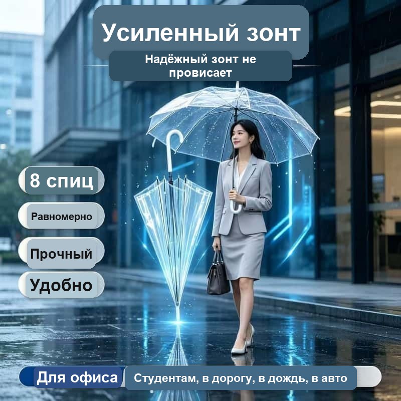 Зонт-трость прозрачный с белой ручкой — фото 2
